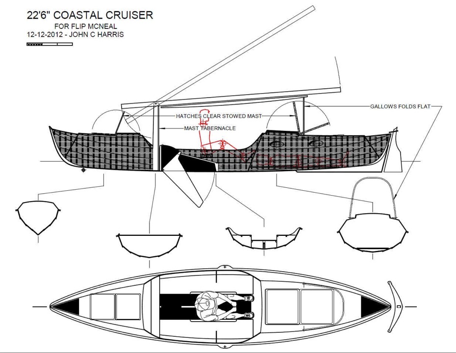 Du nouveau sur la planche à dessin de John C. Harris : il m'envoie les deux dessins suivants du prototype de ce croiseur côtier de 6.86 m de long et de 1.52 m de large, dont la forme est inspirée des faering scandinaves, avec une cabine arrière et une soute à l'avant. Un bateau fin et rapide, mais avec une raideur à la toile modérée. Le mât pivote dans des jumelles hautes qui permettent d'ouvrir les capots lorsqu'il est baissé. 