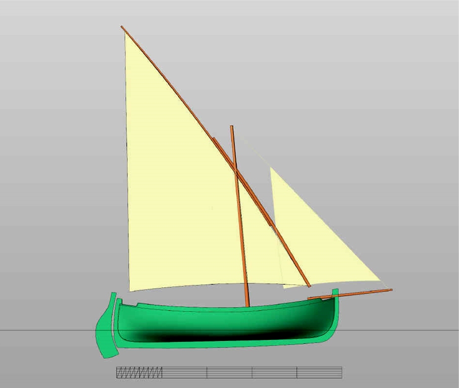 Cette image est une vue du bateau dessiné par François Vivier pour répondre à la demande d'un client qui souhaitait un bateau d'inspiration traditionnelle méditerrannéenne (en trois mots coup sur coup, je place toutes mes lettres et celles de mes deux voisins !) construit en contreplaqué-époxy renforcé de fibre de verre, et qui m'a choisi pour le construire. Je démarrerai donc ce chantier en février 2015 pour livraison prévue en mai (trop tard pour la Semaine du Golfe, dommage) et un lancement à l'été. Ce pointu (j'ose à peine l'appeler ainsi car je sais qu'il y a toute une famille de bateaux méditerrannéens et je ne connais pas encore ce qui les différencie, mais je crois que pointu est un terme raisonnablement générique) fera 5 m de long pour 1.75 m de bau maximum et pèsera 370 kg lège gréé pour un déplacement de 780 kg en charge. Le lest est assuré par un ballast liquide en plus d'une petite sécurité en plomb dans la quille.