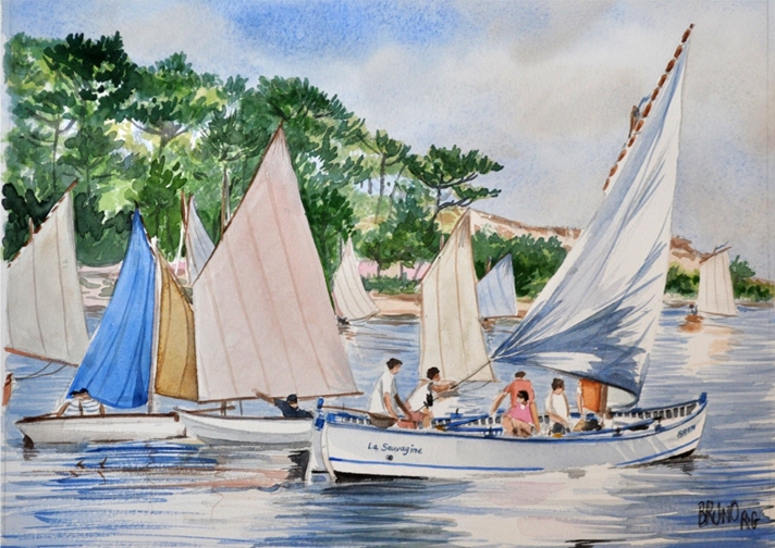 Je reproduis ci-dessus la magnifique aquarelle de l'affiche du rassemblement voile-aviron organisé par l'association "La Pinasse Boucalaise" sur le lac de Soustons dans les Landes les 26 et 27 septembre prochains.